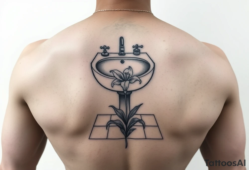 bathroom sink on tile floor with lily coming up out of the floor tattoo idea