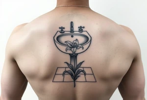 bathroom sink on tile floor with lily coming up out of the floor tattoo idea
