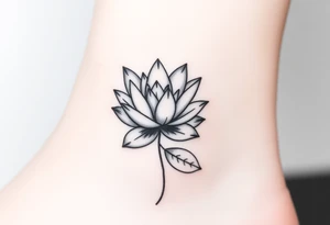 A detailed black and white water lily tattoo, shaded in elegant grayscale with hints of deep blue for depth, representing timeless love and simplicity tattoo idea