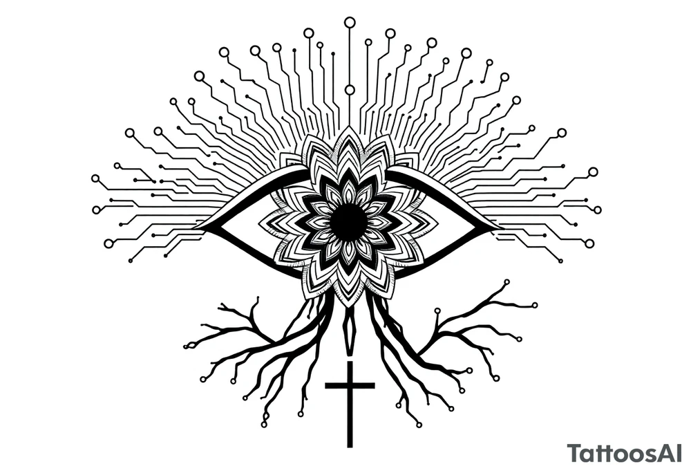 Central Element: A large, stylized eye is the focal point.

The iris of the eye is filled with a mandala pattern, symbolizing depth, balance, and inner awareness.

The lines are fine and clean, forming symmetrical layers and floral-like geometry within the mandala.

Upper Design: From the top of the eye extend circuit-like branches, mimicking electronic pathways.

These lines rise vertically and diagonally in symmetrical fashion, ending in rounded circuit nodes, representing intelligence, logic, and the digital mind.

Lower Design: From the bottom of the eye extend natural tree roots.

These branches flow organically and curve outward, grounding the symbol with themes of nature, growth, and spiritual connection.

Text Element: Below the tree roots is the word "σοφία" in Ancient Greek, meaning wisdom.

The font is clean and classical, giving it a timeless, philosophical presence.

Religious Symbol: Directly below the Greek word is a simple, black cross.

The cross is thin, minimal, and vertically aligned with the center of the eye, representing faith, spirituality, or divine guidance.

Placement: back tattoo idea
