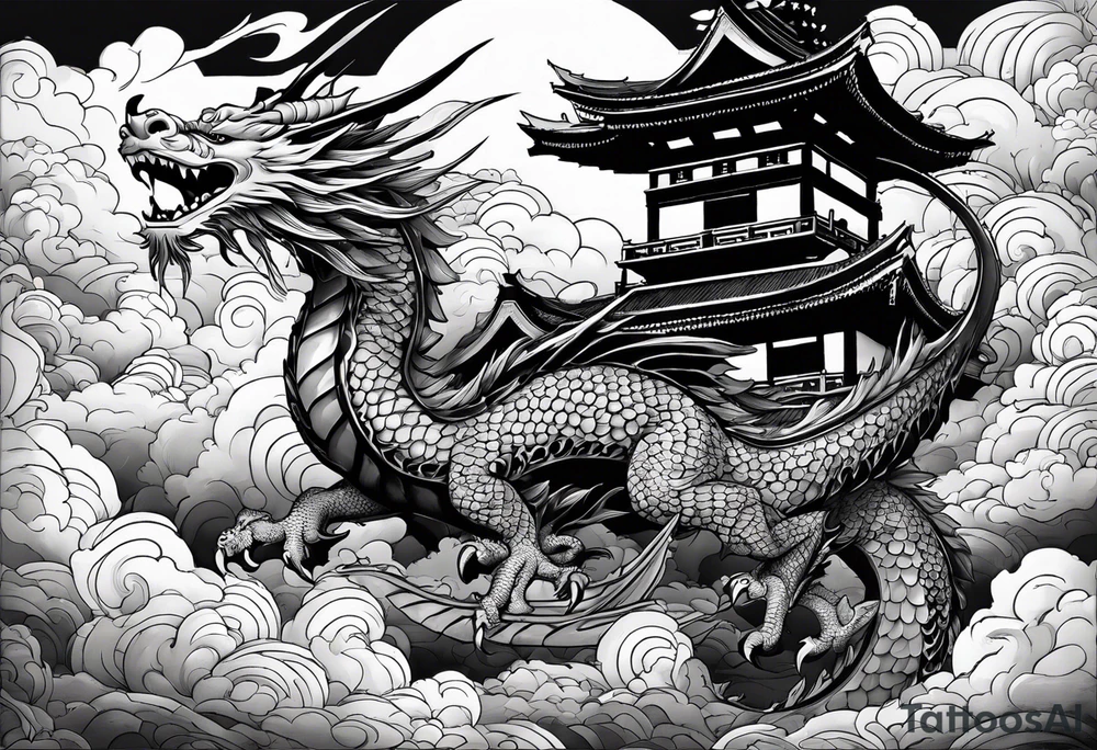 beautiful warrior nymph riding a dragon and the background will be mountains, clouds, and a Japanese building tattoo idea