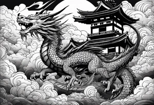 beautiful warrior nymph riding a dragon and the background will be mountains, clouds, and a Japanese building tattoo idea