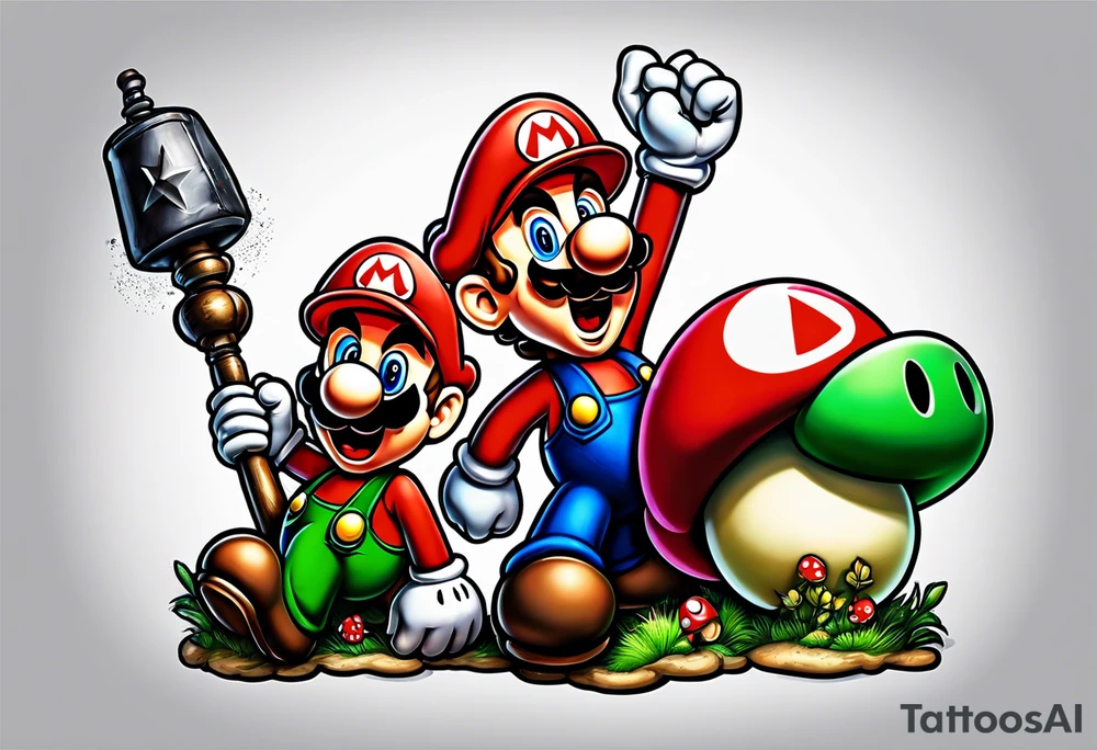 Mario and Luigi big muscles with toadstool and cannons and bombs stars tattoo idea