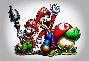 Mario and Luigi big muscles with toadstool and cannons and bombs stars tattoo idea