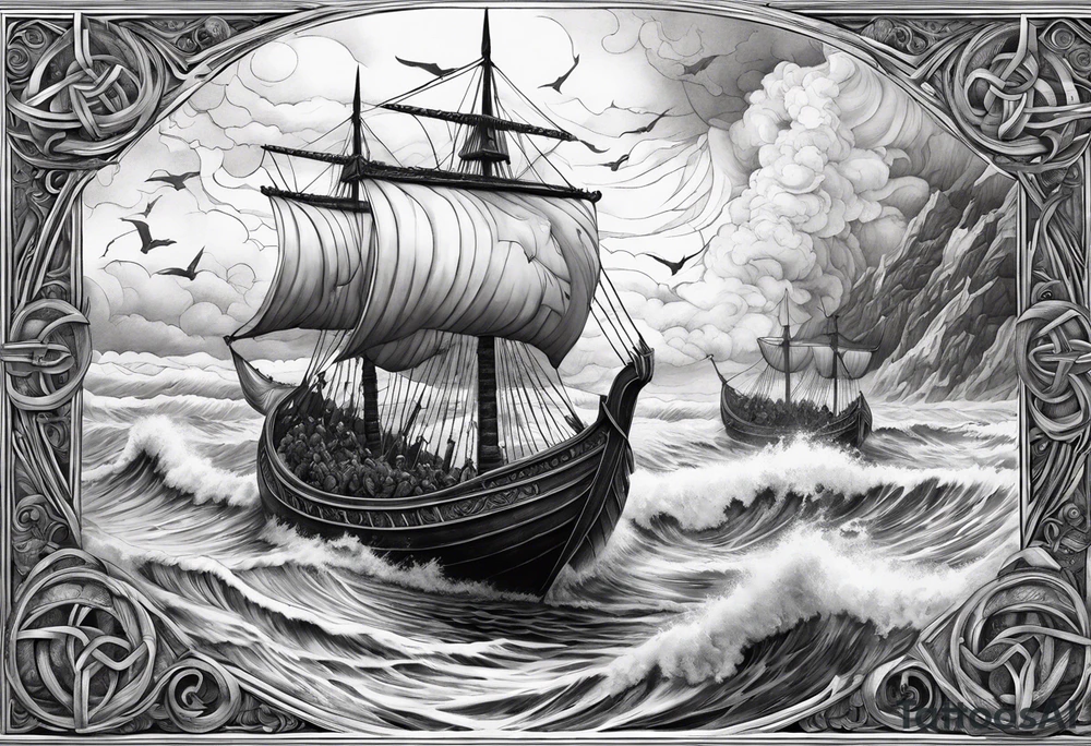 Norse mythology, ultra realism, Viking ships, war, battle, storm the beach, chaos, detailed tattoo idea