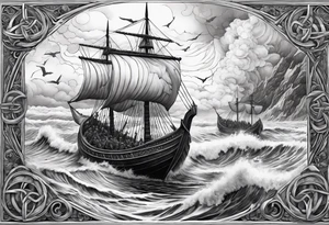 Norse mythology, ultra realism, Viking ships,  war, battle, storm the beach,  chaos,  detailed tattoo idea