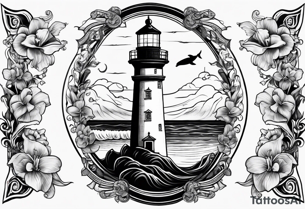 Lighthouse on a beach with a whale's tail sticking out of the water of the ocean with a border containing an anchor and orchids tattoo idea