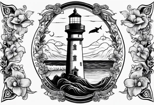 Lighthouse on a beach with a whale's tail sticking out of the water of the ocean with a border containing an anchor and orchids tattoo idea