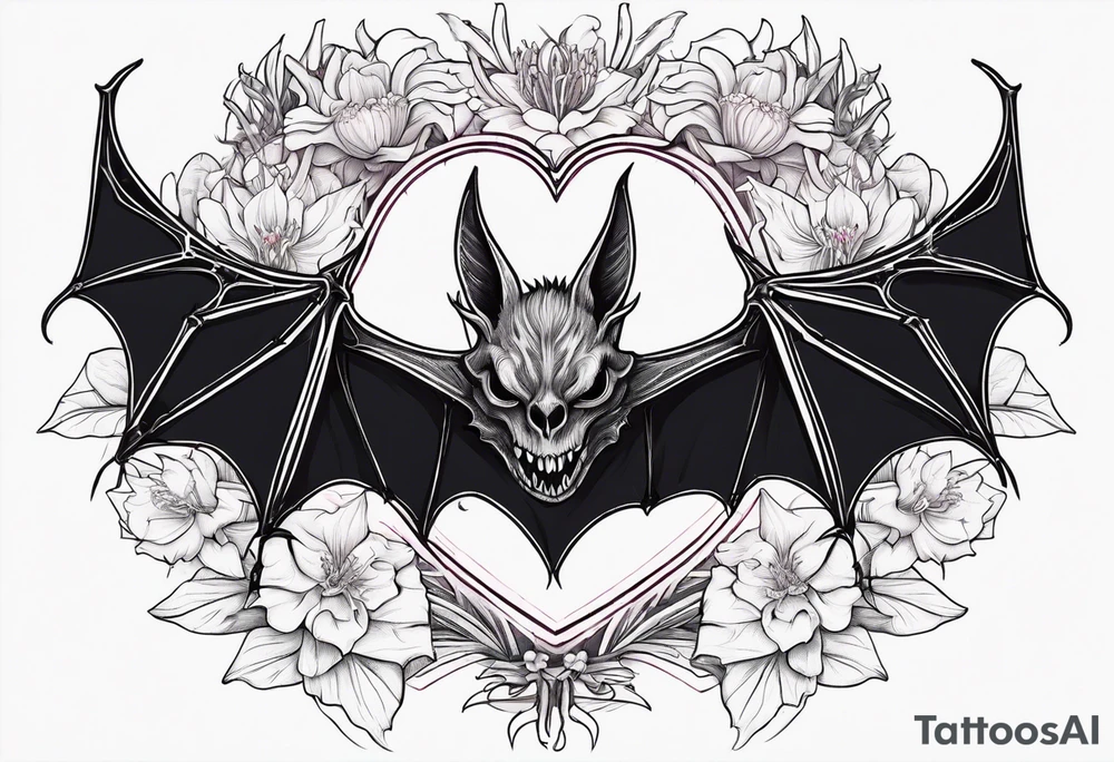 Evil bat holding a lycoris radiata, skeleton hands making heart shape around the bat, lycoris radiata accents surrounding the outside tattoo idea