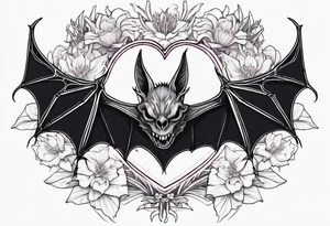 Evil bat holding a lycoris radiata, skeleton hands making heart shape around the bat, lycoris radiata accents surrounding the outside tattoo idea