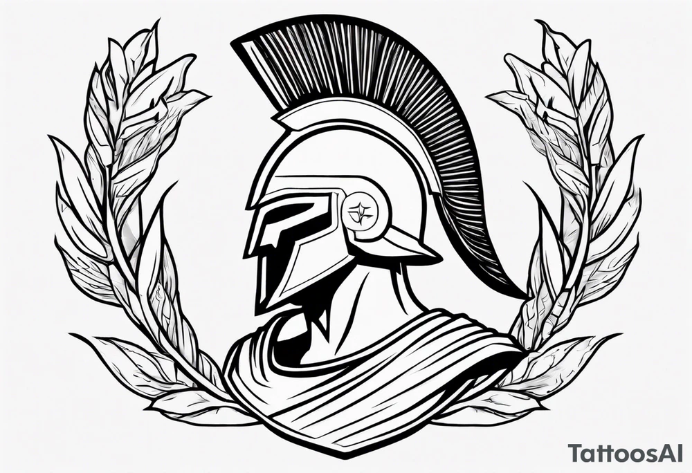 rectangular landscape format ultra-fine line linework vector of a spartan from the side, spartan spear, spartan shield, laurel wreath tattoo idea