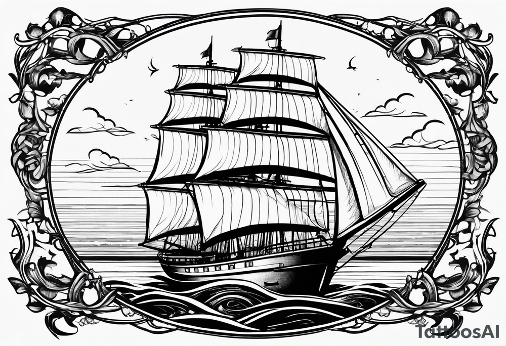 sailboat seen from the front. sail in the shape of a maritime lighthouse.phoenix drawn on the sail. tattoo idea