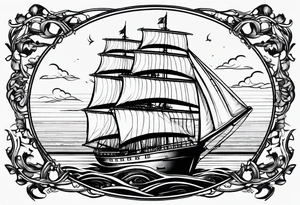 sailboat seen from the front. sail in the shape of a maritime lighthouse.phoenix drawn on the sail. tattoo idea