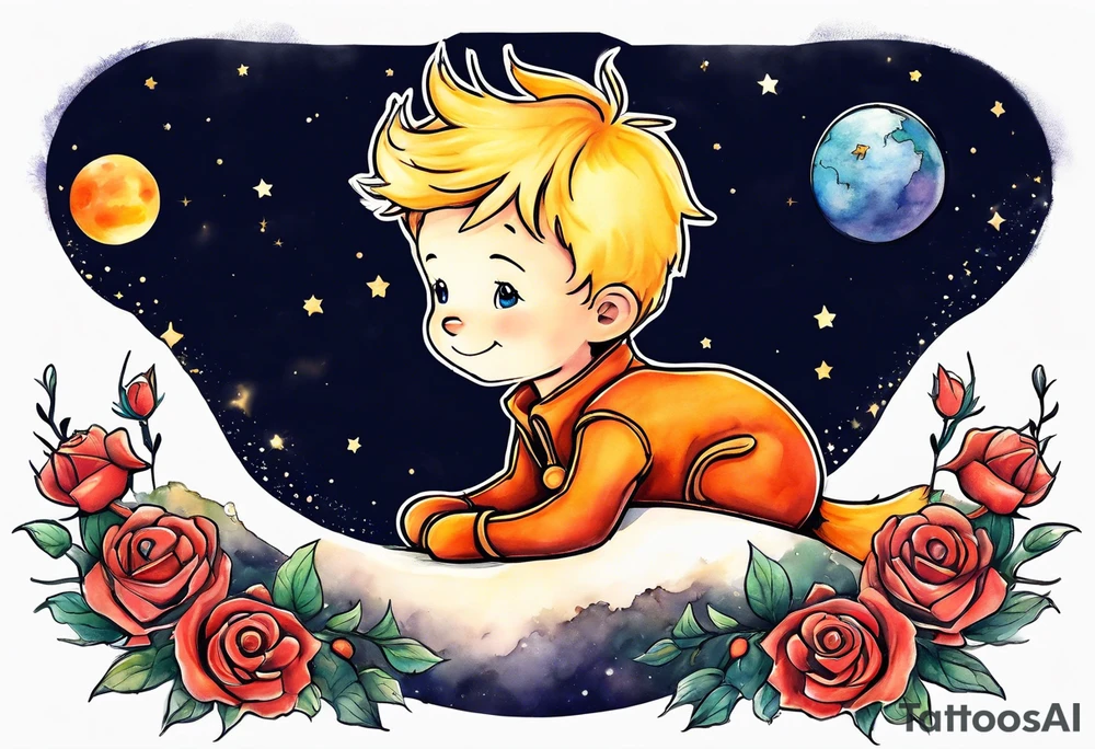 The Little prince sitting on his planet toghether with the fox on his planet besides his rose. Both are watching into the sky tattoo idea