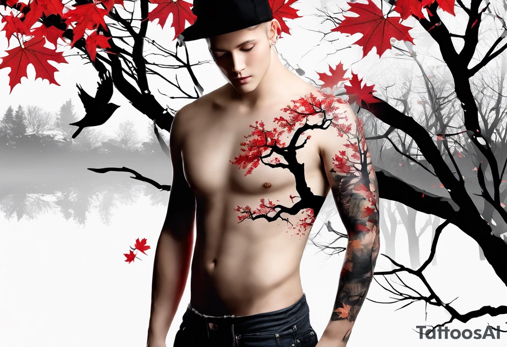 trash polka style. Arm tattoo. chest tattoo. Long tattoo. large tattoo. Full sleeve. Shoulder. A single large maple tree with red autumn leaves that branches upwards from wrist to shoulder. White-throated dipper bird on the trees branches. Calluna flowers at the base of the trees stem. Tree stem has dark colors. Red/yellow sunset behind the trees stem. Leaves falling. tattoo idea