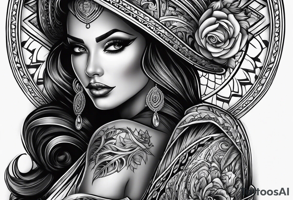 Chicano stijlVrouw met slangen in haar haar en een vrouwe justitie weegschaal in haar hand tattoo idea