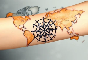 antique compass rose overlaid on weathered world map with sailing ships tattoo idea