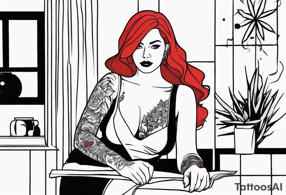 Busty Red haired woman with black haired bearded man tattoo idea