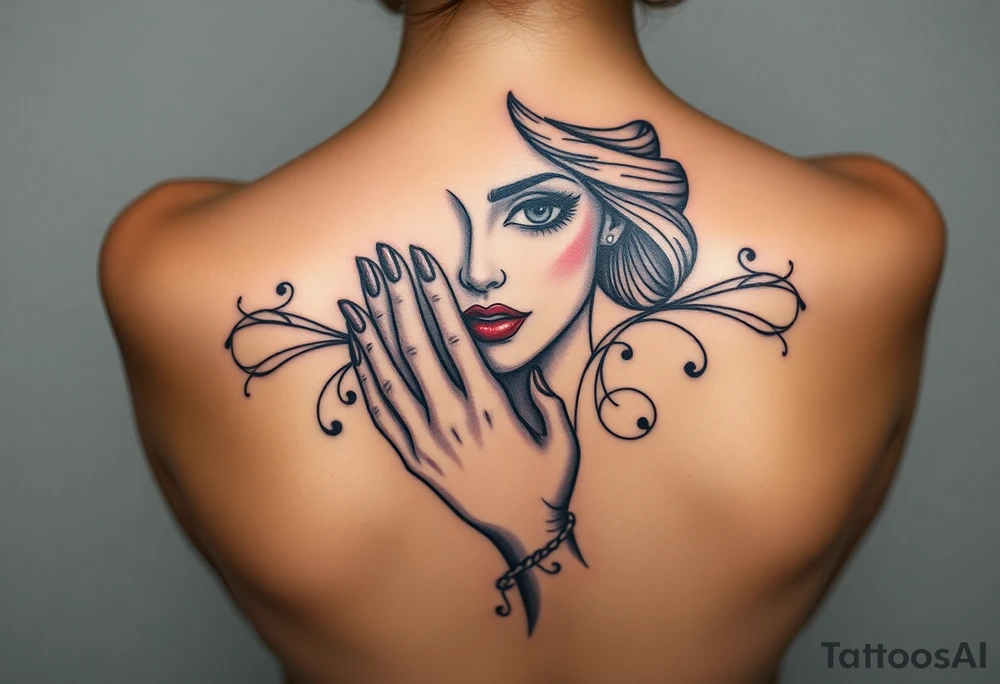 Mosaic style woman’s face with a hand around her throat tattoo idea
