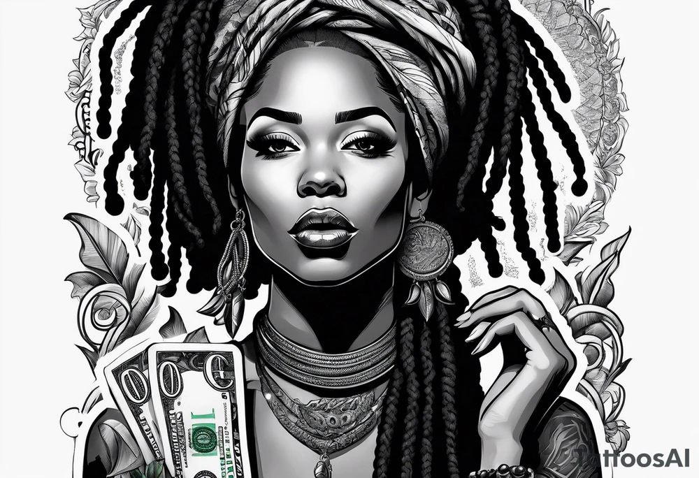 woman with dread locks biting money roll tattoo idea