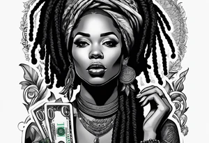 woman with dread locks biting money roll tattoo idea