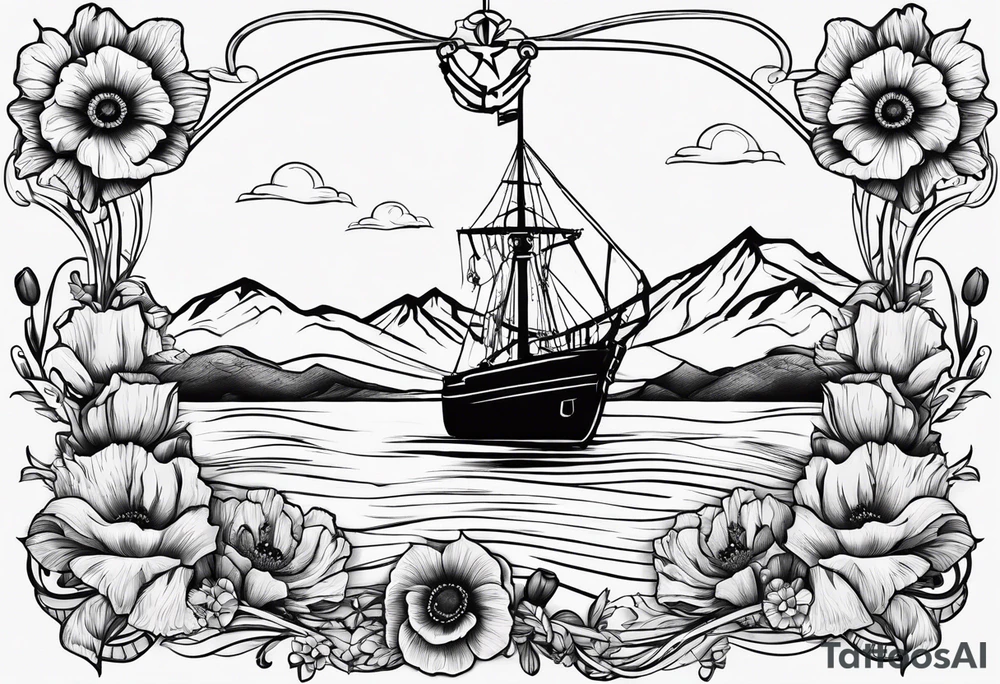 an anchor with poppy flowers intertwined and mountains behind it tattoo idea
