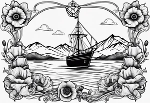 an anchor with poppy flowers intertwined and mountains behind it tattoo idea