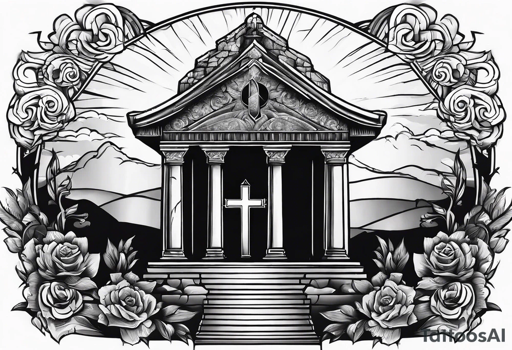 Tomb with cross and sun in the background tattoo idea