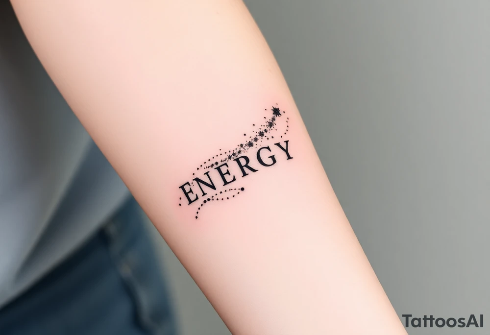 Two minimalist blackwork dotwork tattoos featuring the word ‘ENERGY’ on the left arm, balancing with ‘DIVINE’ on the right arm. Surrounding ‘ENERGY’ is a nebula or cosmic wind or stardust or a comet, designed with intricate dot shading and fine linework. The tattoo is realistic yet subtle, creating a cosmic, ethereal feel while keeping a clean, minimalist aesthetic. The elements flow naturally, complementing the shape of the arm without overpowering the text. tattoo idea