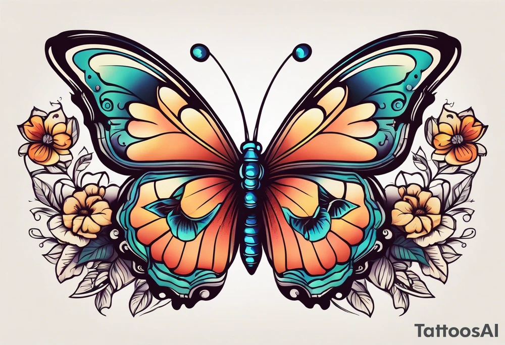 butterfly old school traditional vintage bold colorful with vintage flowers tattoo idea