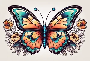 butterfly old school traditional vintage bold colorful with vintage flowers tattoo idea