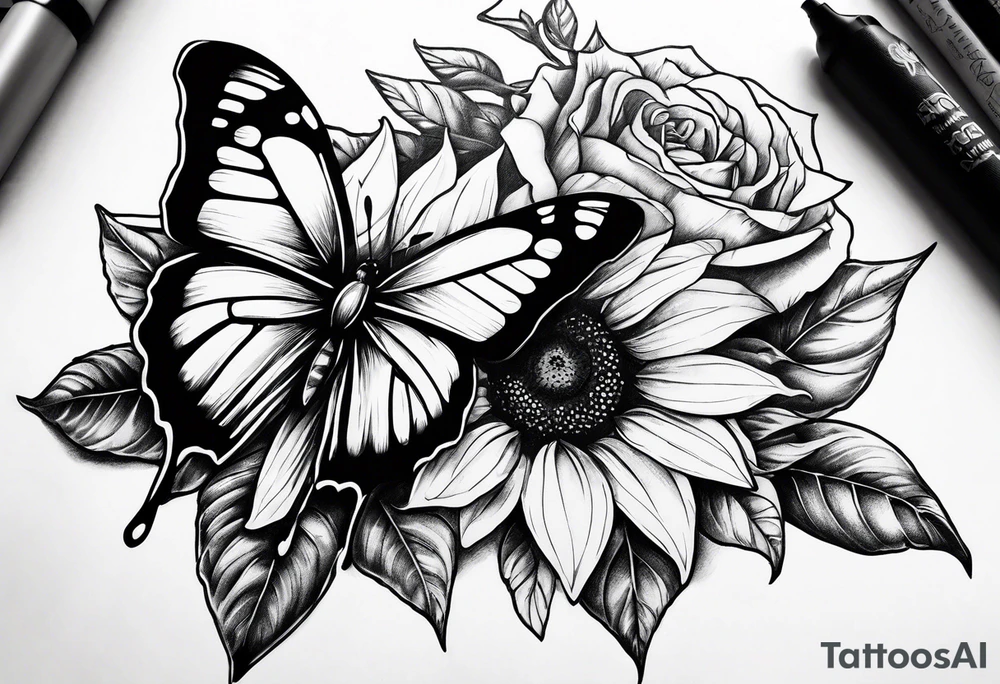 Butterfly, sunflower, camera, book, flower rose tattoo idea
