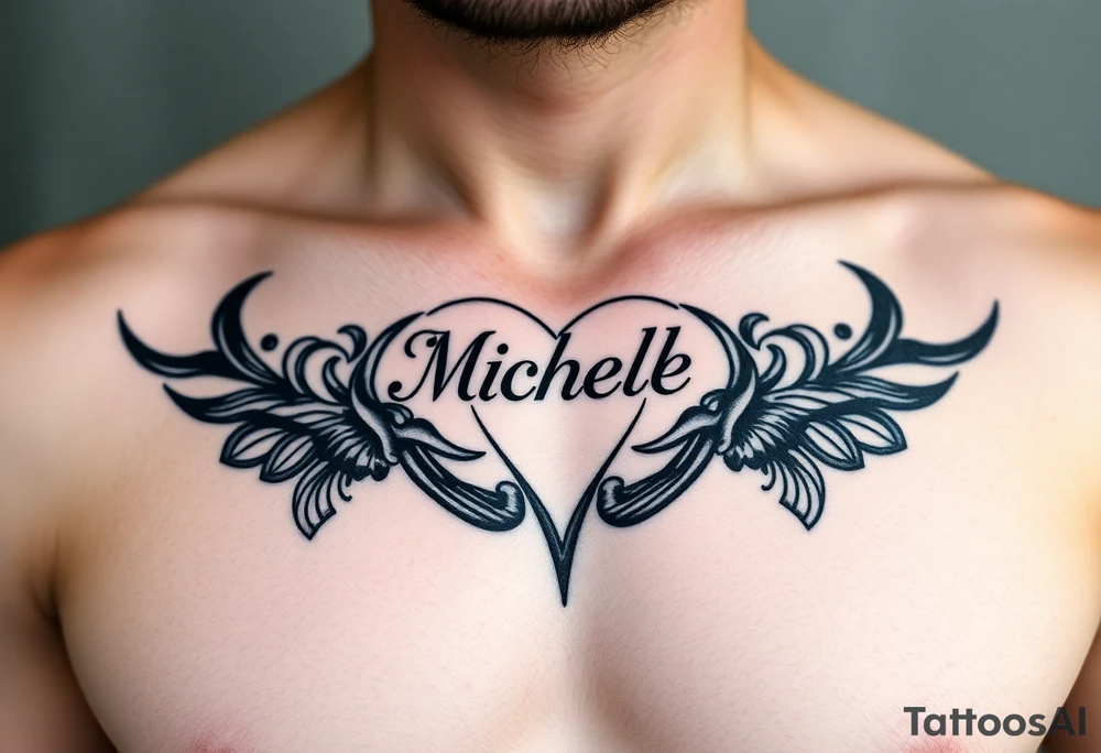 Design a tattoo for a man’s chest of a woman’s name Michelle to be placed over his heart. Make the tattoo tasteful and elegant. Inirporate the irish claddagh tattoo idea