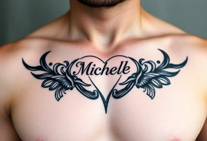 Design a tattoo for a man’s chest of a woman’s name Michelle to be placed over his heart. Make the tattoo tasteful and elegant. Inirporate the irish claddagh tattoo idea