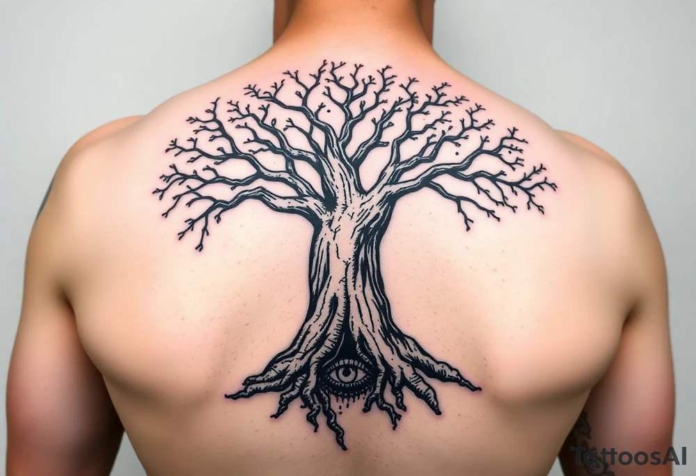 A bold blackwork tattoo of a large oak tree with exposed roots intertwined with a partly broken chain, symbolizing strength, resilience, and breaking free from limitations. The branches reach upward but also curl inward, representing complexity and introspection. Hidden within the roots or branches is a subtle watchful eye, symbolizing awareness and self-love. The bark shows fine cracks and textures to emphasize scars and the beauty of imperfection. The design balances bold graphic shapes with intricate dotwork and fine lines for a powerful yet delicate look. tattoo idea