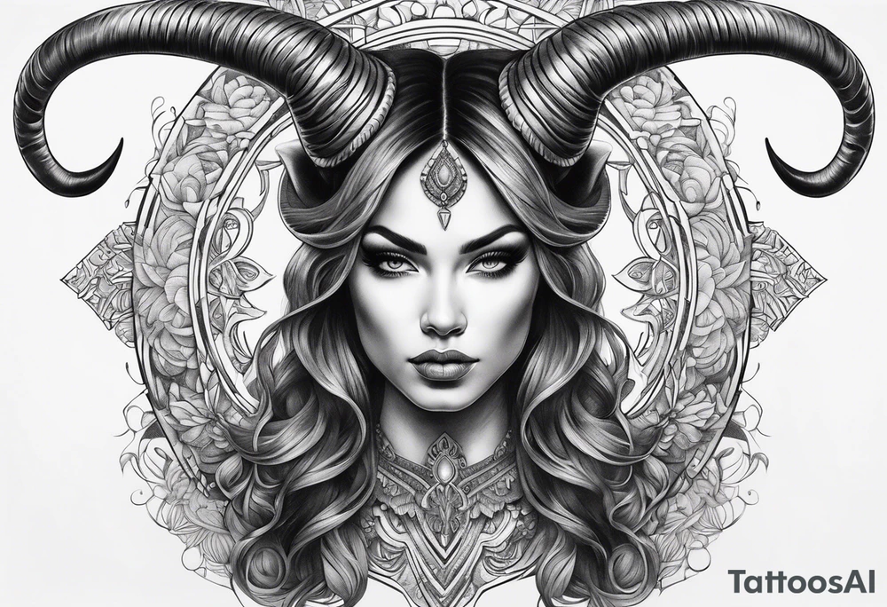 Dark realism beautiful woman looking 
face forward with curved horns facing downwards tattoo idea