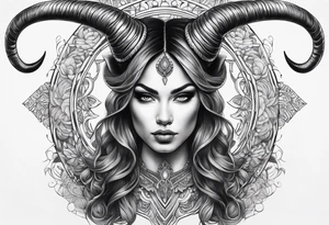 Dark realism beautiful woman looking 
face forward with curved horns facing downwards tattoo idea