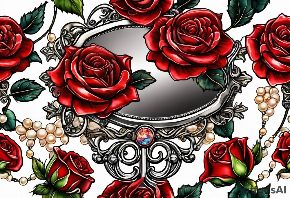 Hand mirror Red roses with a chain made of pearls and seashells tattoo idea