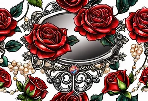 Hand mirror Red roses with a chain made of pearls and seashells tattoo idea