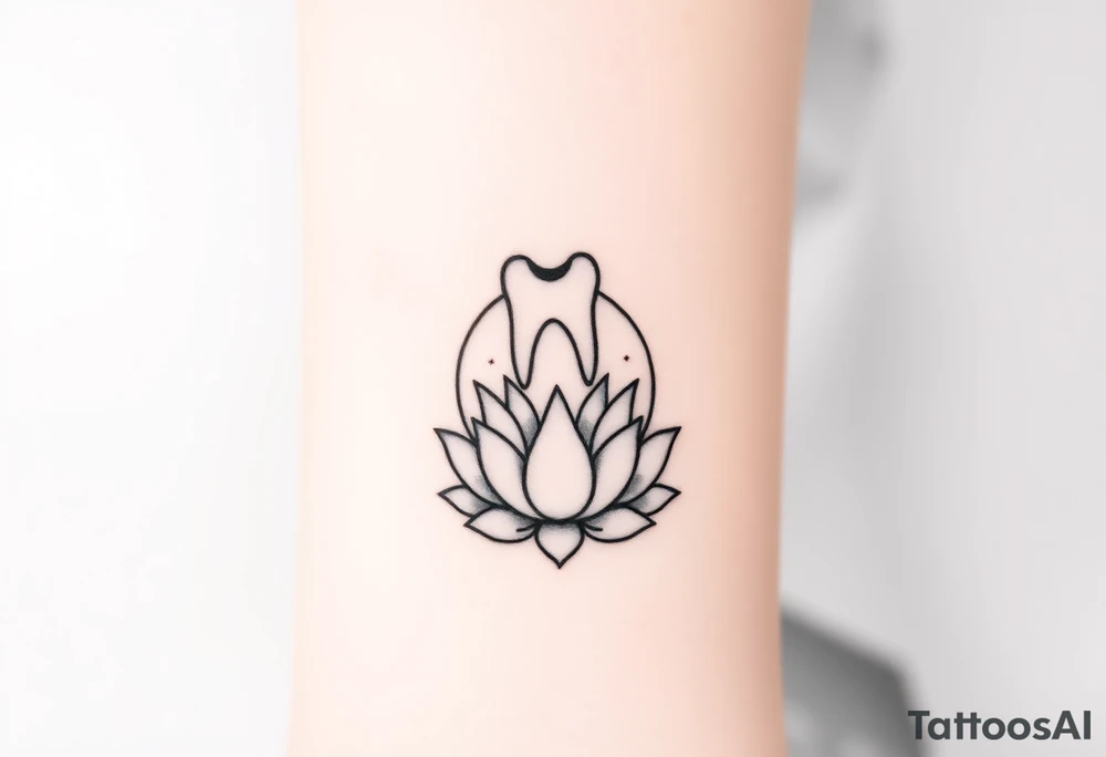 Small molar tooth outlined in thin black lines, floating above an open lotus flower with a crescent moon rising behind it and faint stardust around.” tattoo idea