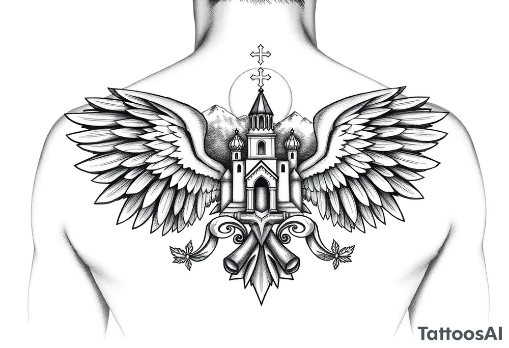 russian coat of arms with both heads visible & wings spanning out on my back neck across on to my shoulders / traps with a orthodox christian church being visible in a mountainous sun beaming setting, with the russian orthodox cross spire of the orthodox church being visible on my neck with a sun beaming in the background that the cross sits inside tattoo idea