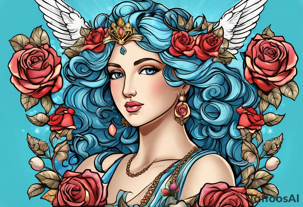 Portrait of Aphrodite: A face or full-length image of the goddess, often in a realistic style, perhaps decorated with flowers, seashells, or doves.rose, doves, shells and a mirror in his hand. background sea, blue roses frames,, romantic,background  fly boy wings and a bow, cupido tattoo idea