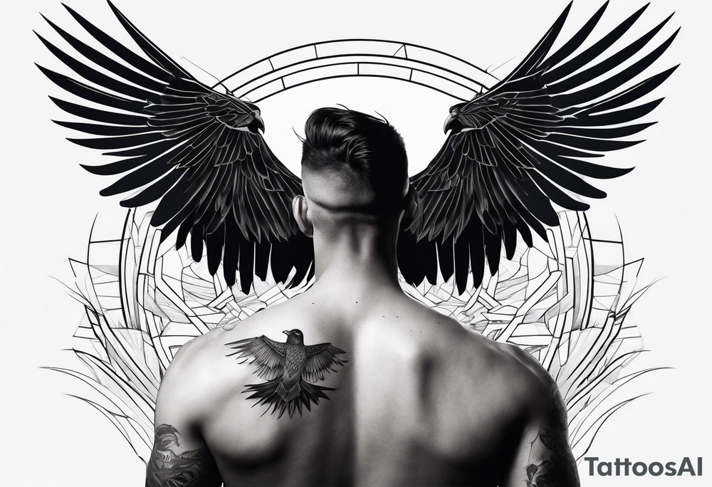 Crows flying out of a man’s back while he is in his hands and knees tattoo idea
