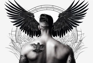 Crows flying out of a man’s back while he is in his hands and knees tattoo idea