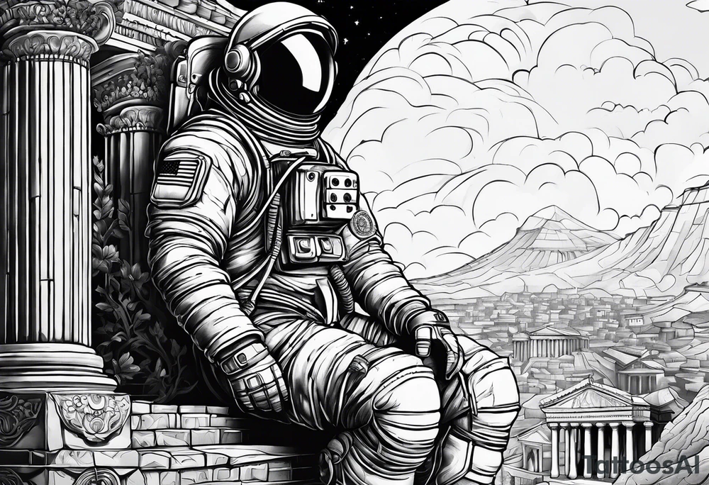 An astronaut meditating on a roman building tattoo idea