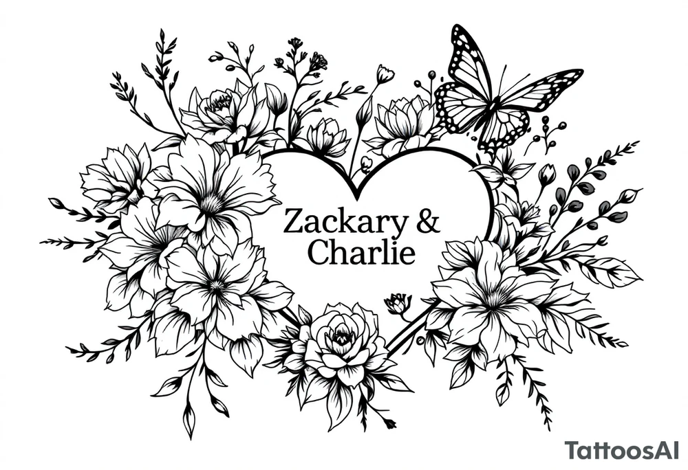 flowers, heart and butterfly with name Zackary and Charlie tattoo idea