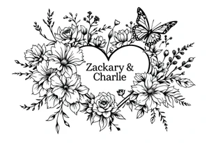 flowers, heart and butterfly with name Zackary and Charlie tattoo idea