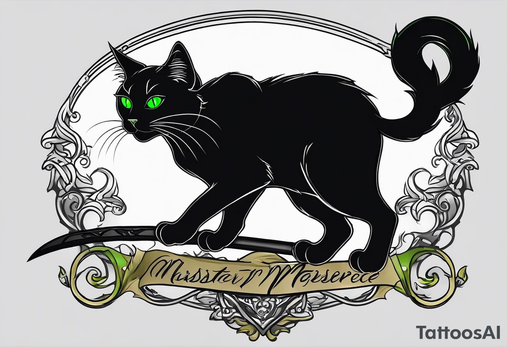 Black cat with green eyes hissing with its tail wrapped around a sword tattoo idea