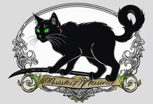 Black cat with green eyes hissing with its tail wrapped around a sword tattoo idea
