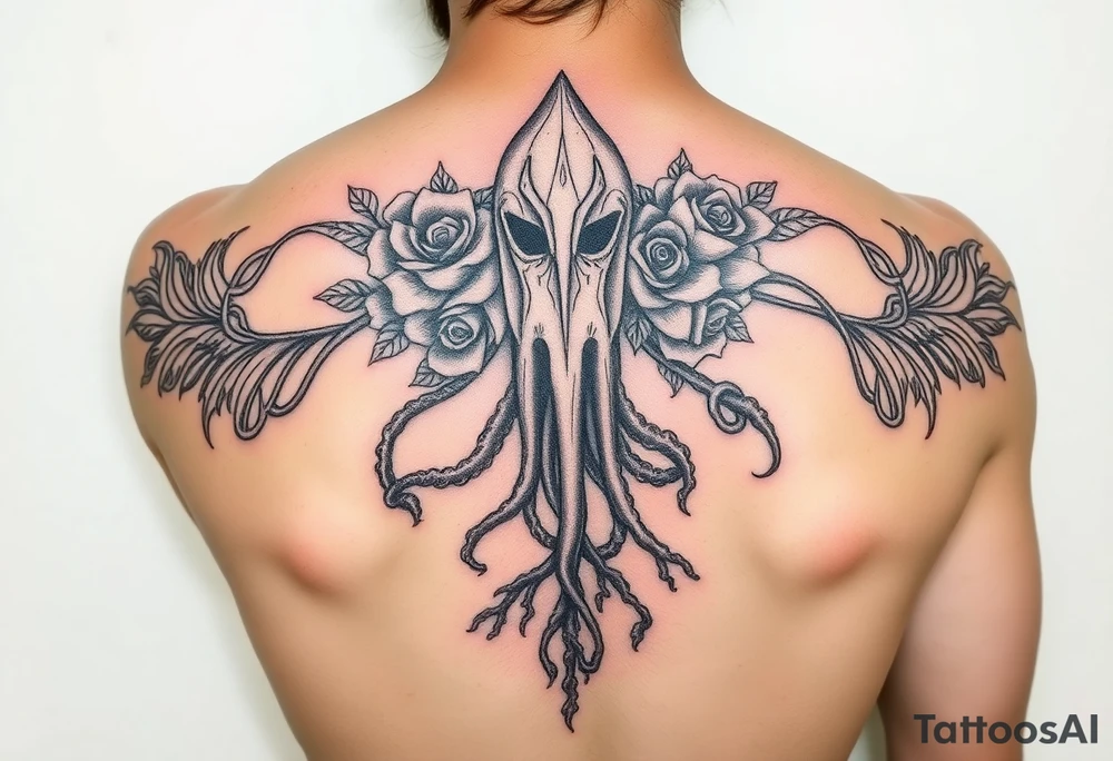 Gods hand, squid knight with roses and tree roots tattoo idea